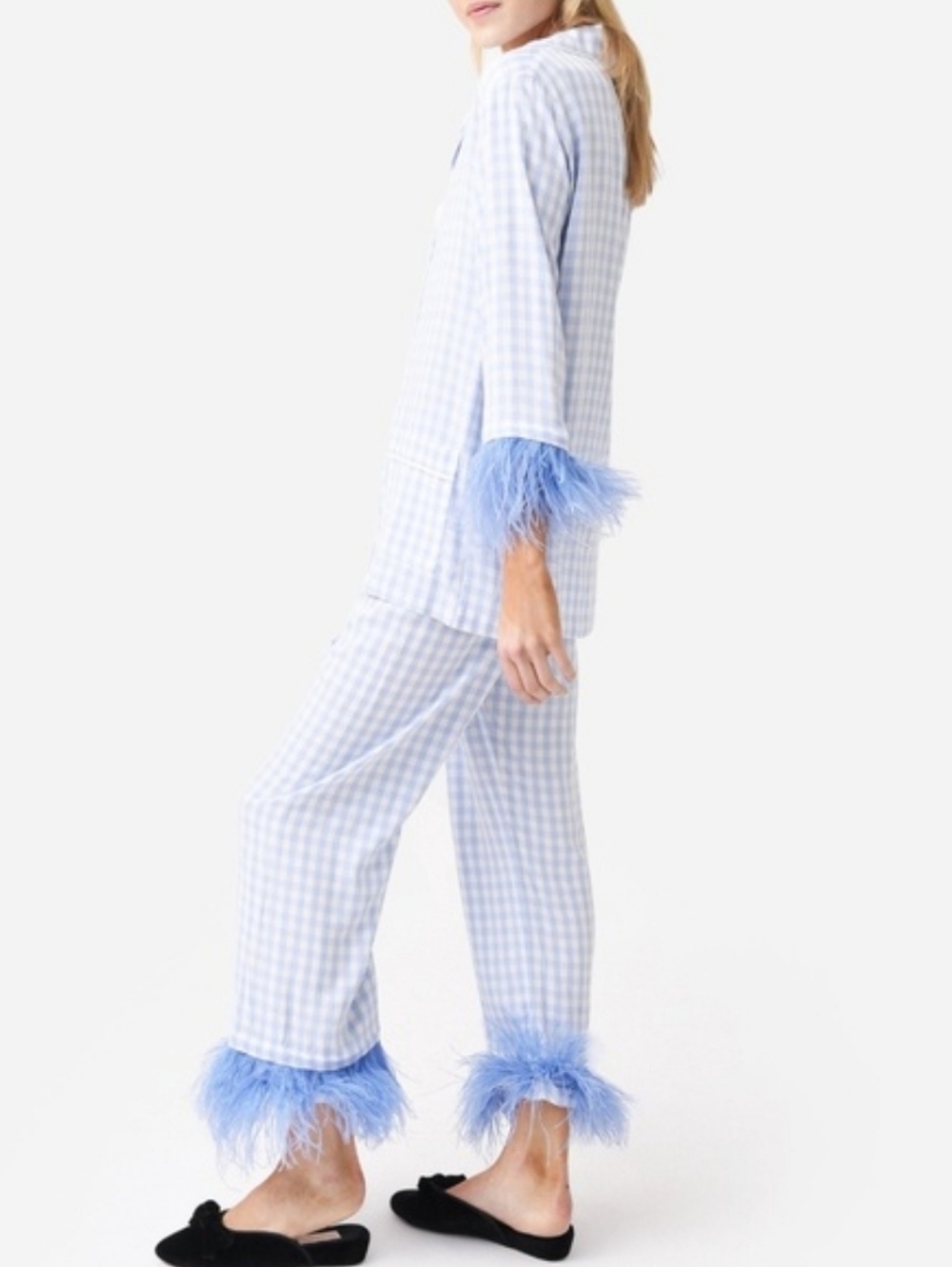 SLEEPER Blue Gingham Feather Trim Pajama Set Bridal Wedding Morning Ostrich - Picture 8 of 9